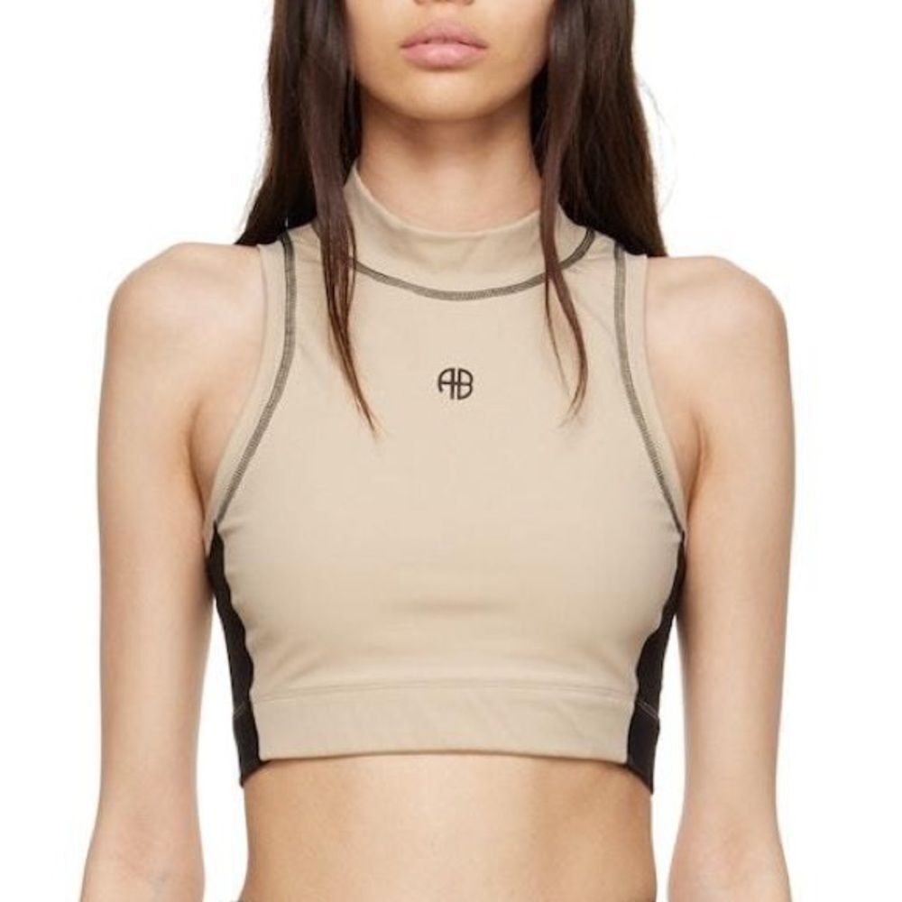 Anine Bing Jenna Sports Bra Tan Black Mock High Neck Sporty New Size Large